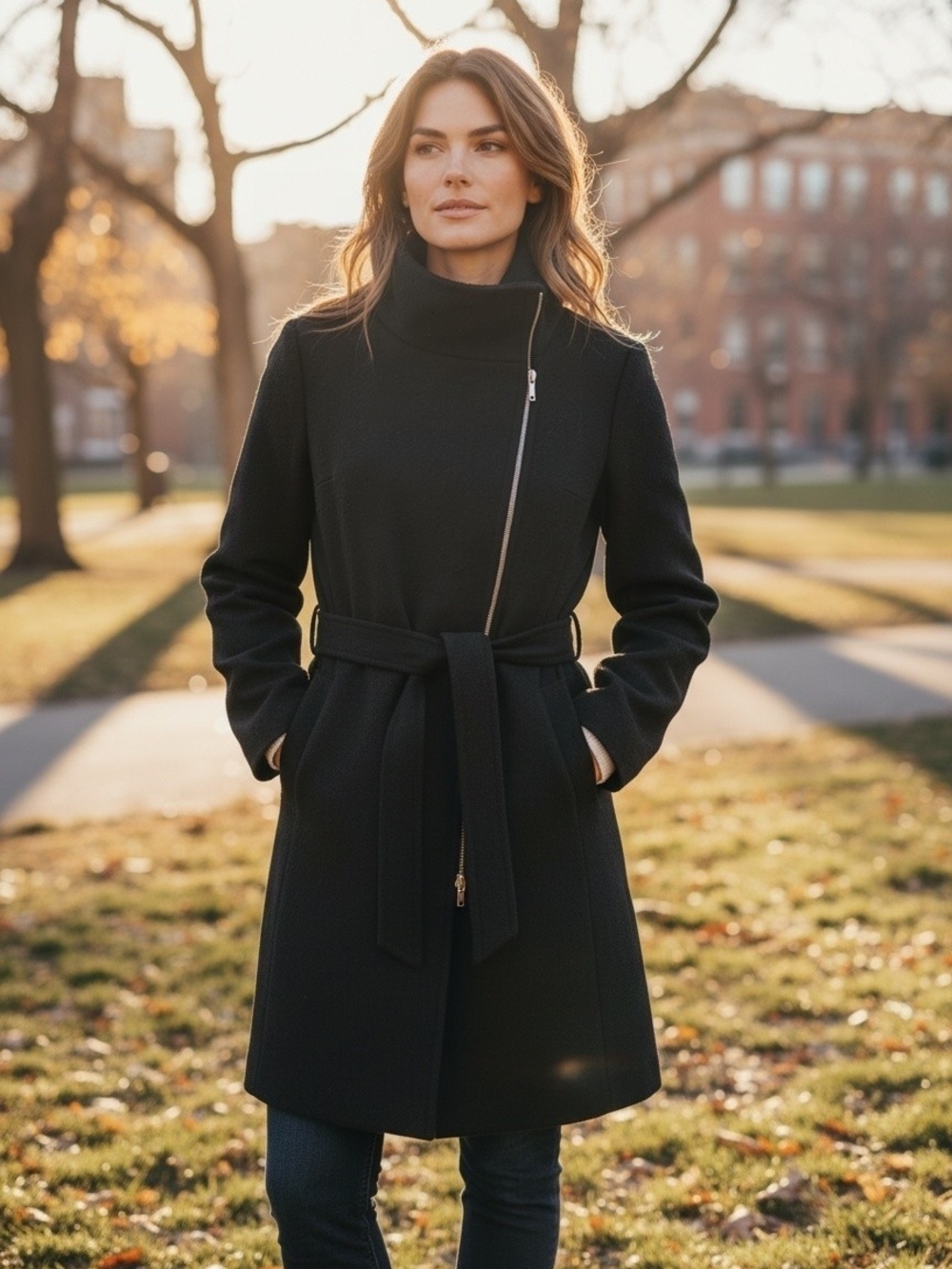 Club Monaco Virgin Wool Blend Belted Coat Black - XS - Funnel Neck Asymmetrical